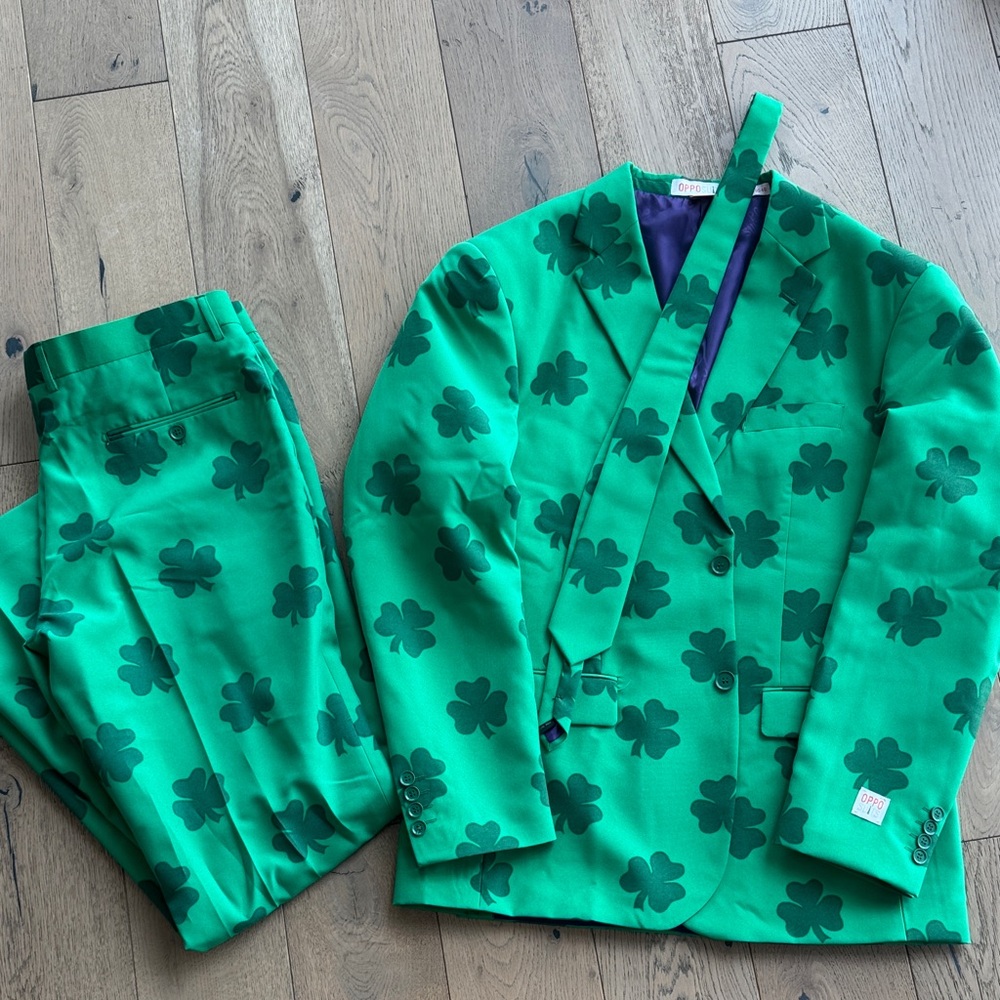 OppoSuits Bright Green Shamrock Print Suit Jacket & Pants